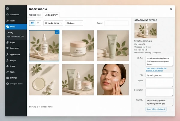 The WordPress media library showing images and alt text for a skincare brand article