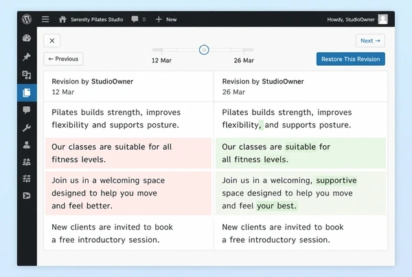 The WordPress revision screen comparing an old pilates studio article with its updated version