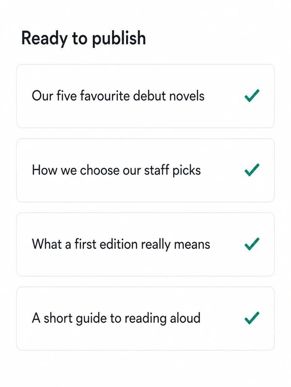 An approval panel headed Ready to publish listing four bookshop article titles with green ticks
