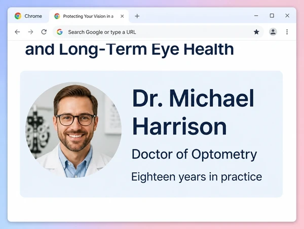 An article open in a browser, zoomed in on the author box naming the optometrist and the qualification