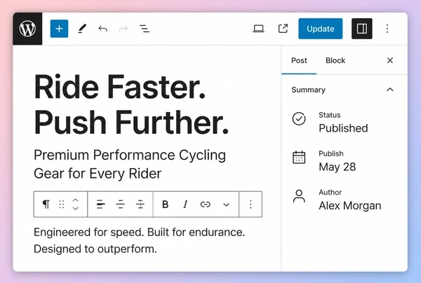 A cycling article in the WordPress editor with the publish panel showing it live