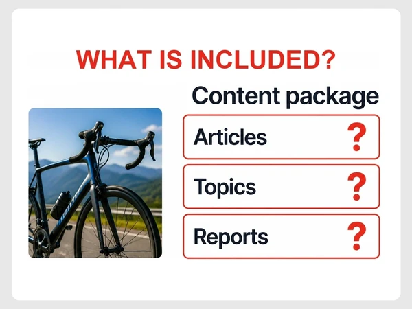 Velocity Cycles has a content package proposal with question marks beside Articles, Topics, and Reports.