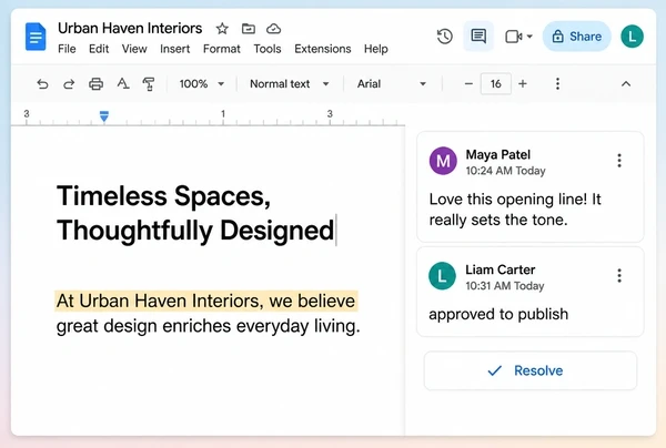 A Google Docs comment thread where the client has replied approved to publish
