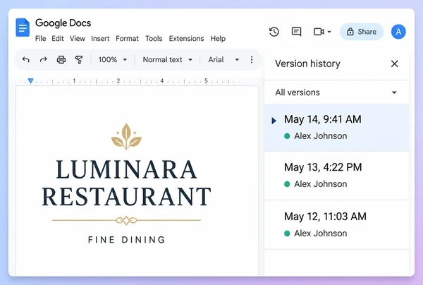 The Google Docs version history of a restaurant article showing three dated rewrites