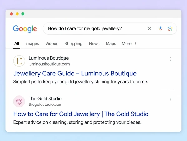 A Google results page for a jewellery care question with a boutique's guide ranking first