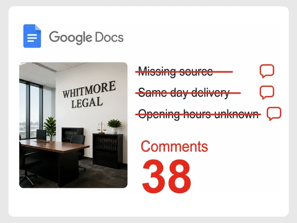 Whitmore Legal's Google Docs draft has three red strikethroughs and 38 comments beside an office photo.