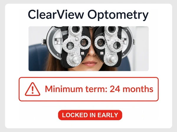 ClearView Optometry's service agreement highlights a 24-month minimum term in red with a locked-in warning.