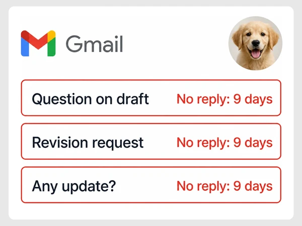 Riverbend Vet's Gmail inbox shows three draft questions with no reply for nine days.