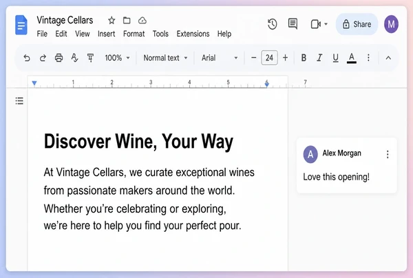 A wine merchant article open in Google Docs with one editor comment in the margin