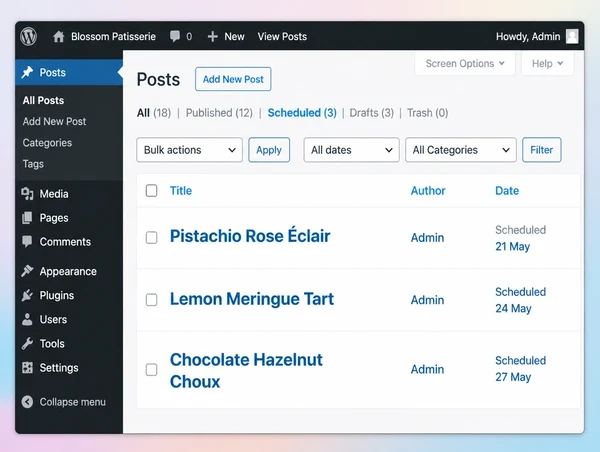 The WordPress posts list showing three patisserie articles scheduled for future dates