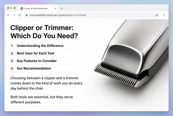 A buyer guide page on a barber shop website with a contents list and opening text