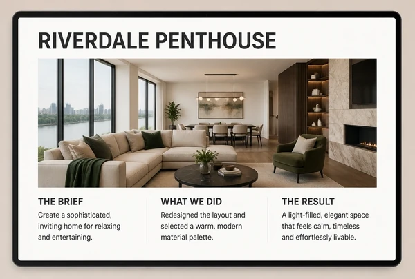 A case study page for an interior design studio showing the brief, the work and the result