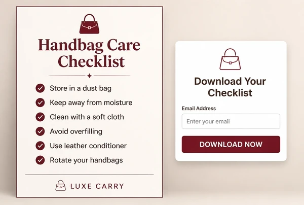 A downloadable handbag brand checklist beside a short form asking for an email address
