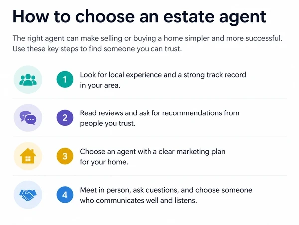 An estate agency buyer guide headed How to choose an estate agent with four numbered sections