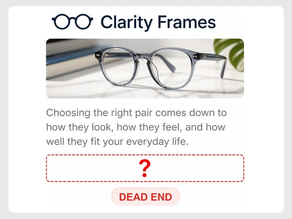 Clarity Frames ends a blog article with an empty dashed space and no next step.