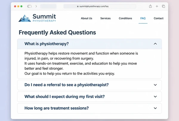 An FAQ page on a physiotherapy practice website with four questions and the first one open