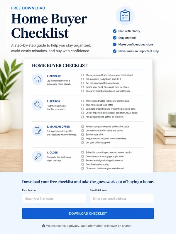 A free buyer checklist download page with a preview above a short form