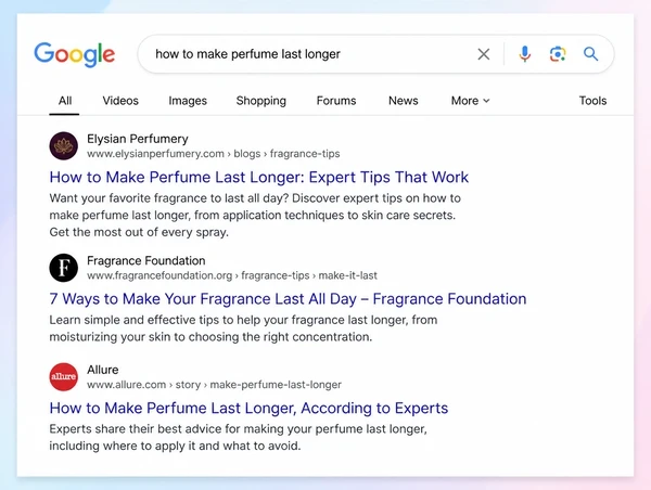 A Google results page where a perfumery guide answers the customer's question