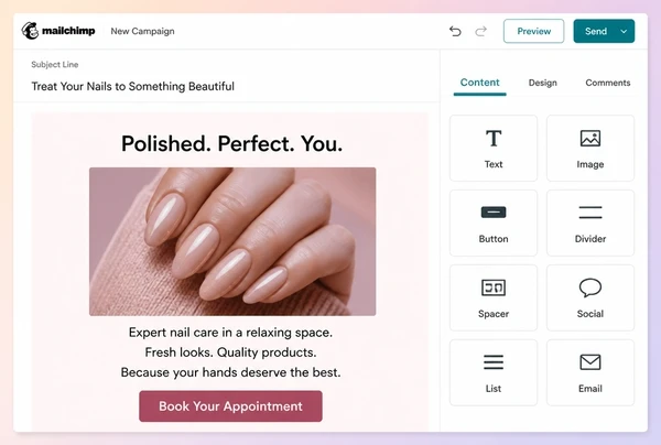 A nail studio newsletter being built in Mailchimp with a headline, photograph and button