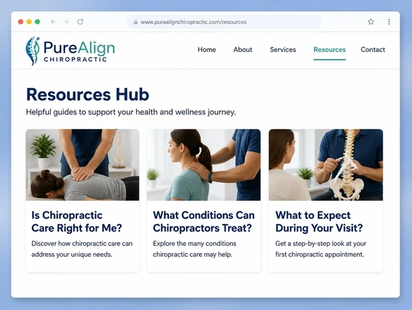 A resources hub on a chiropractic clinic website listing three guides as cards