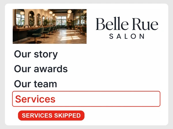 Belle Rue Salon outlines its story, awards, and team while leaving services as one tiny line.