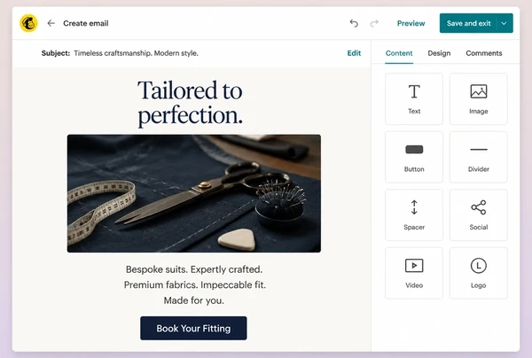 A bespoke tailor newsletter being built in Mailchimp with a headline, photograph and button
