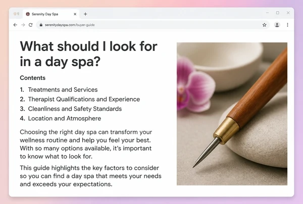 A buyer guide page on a day spa website with a contents list and opening text