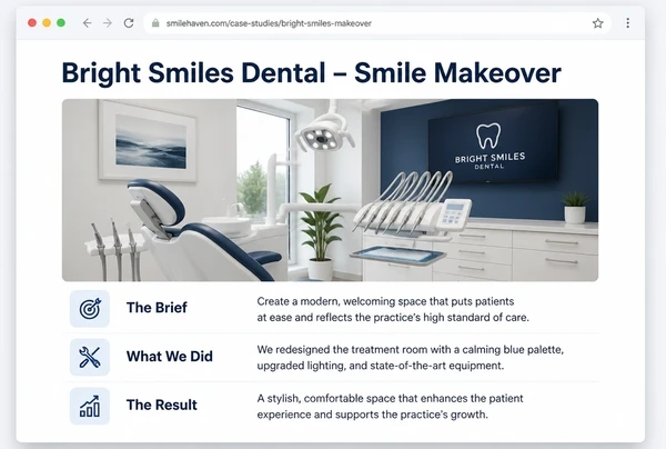 A case study page for a dental practice showing the brief, the work and the result