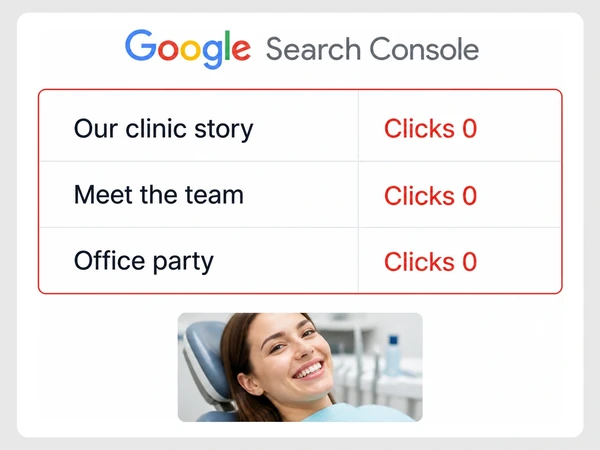 Brightside Dental Search Console table shows three blog articles, each with zero clicks inside a red outline.