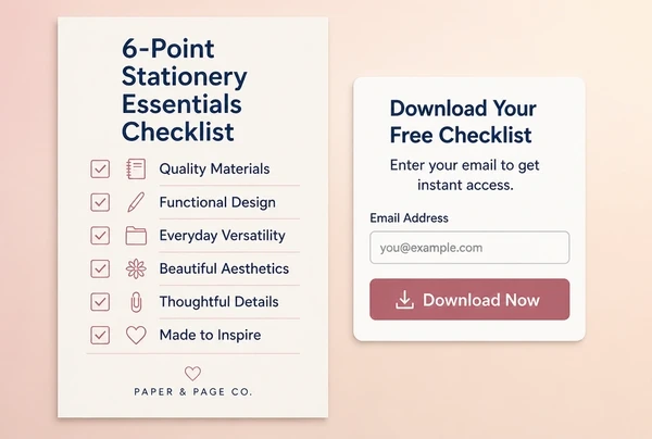 A downloadable stationery brand checklist beside a short form asking for an email address