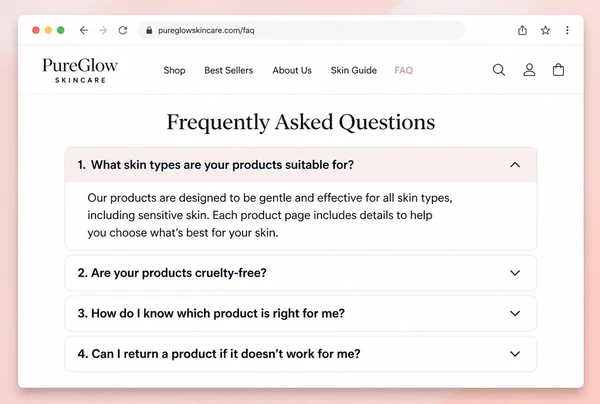 An FAQ page on a skincare brand website with four questions and the first one open