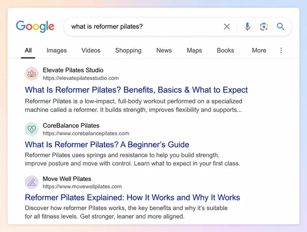 A Google results page where a pilates studio guide answers the customer's question