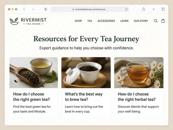 A resources hub on a tea house website listing three guides as cards