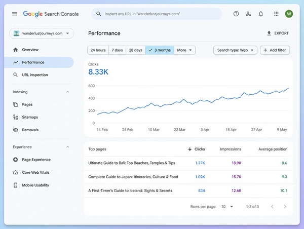 A Search Console screen showing three travel guides still earning clicks