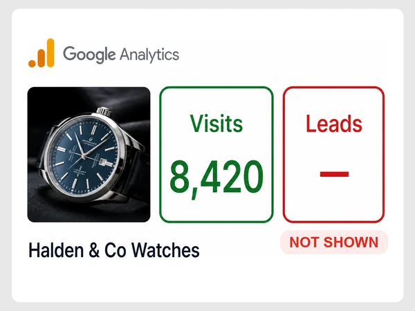 Halden & Co Watches Analytics report shows 8,420 visits, no leads, and a red Not shown label.