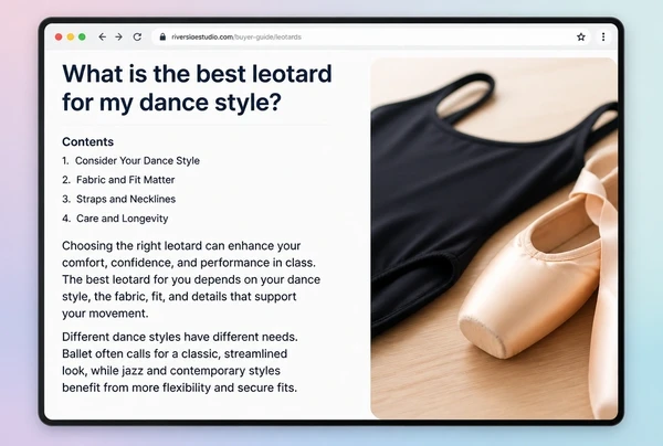A buyer guide page on a dance studio website with a contents list and opening text