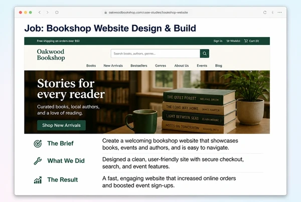 A case study page for a bookshop showing the brief, the work and the result