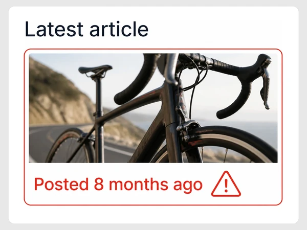 Velocity Cycles labels an article as latest despite its red warning that it was posted eight months ago.