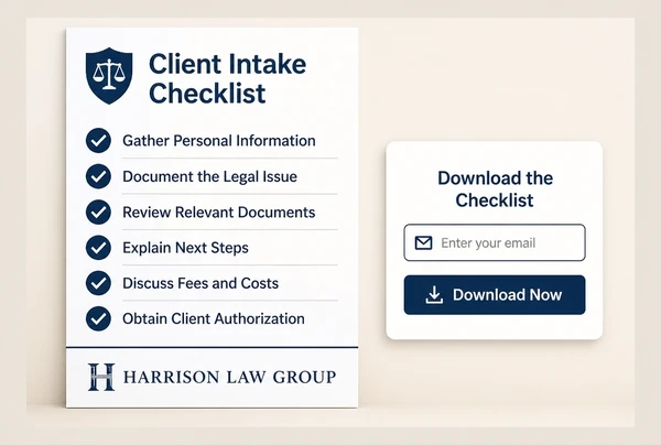 A downloadable law practice checklist beside a short form asking for an email address