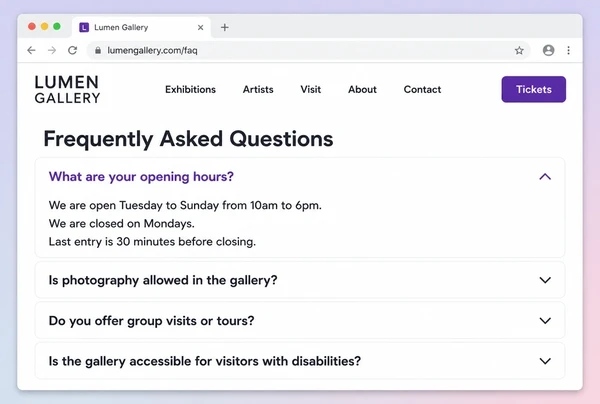 An FAQ page on an art gallery website with four questions and the first one open