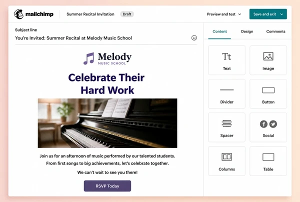 A music school newsletter being built in Mailchimp with a headline, photograph and button