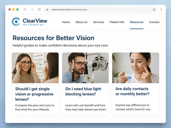 A resources hub on an optometry practice website listing three guides as cards