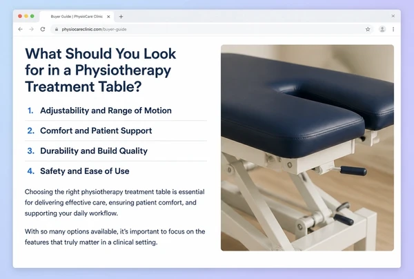 A buyer guide page on a physiotherapy practice website with a contents list and opening text