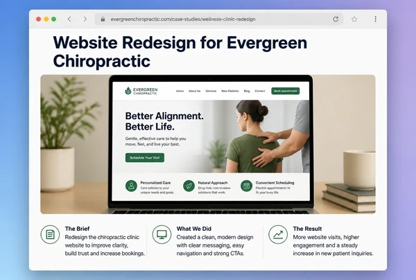 A case study page for a chiropractic clinic showing the brief, the work and the result