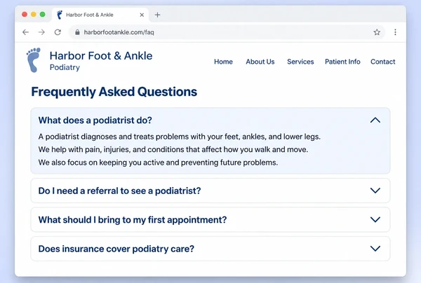 An FAQ page on a podiatry practice website with four questions and the first one open