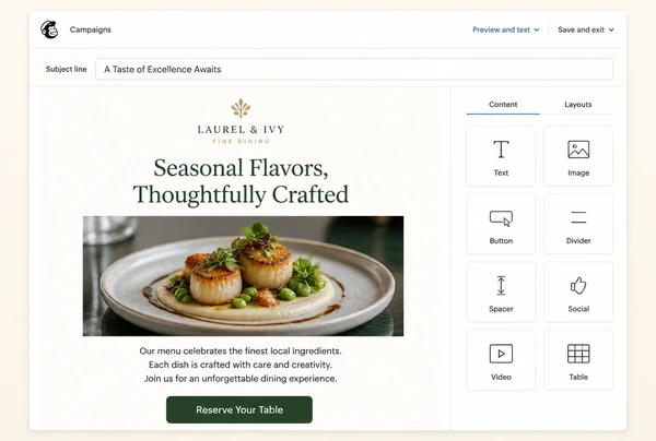 A fine dining restaurant newsletter being built in Mailchimp with a headline, photograph and button