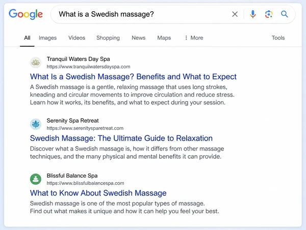 A Google results page where a day spa guide answers the customer's question
