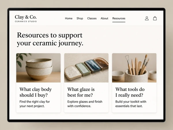A resources hub on a ceramics studio website listing three guides as cards