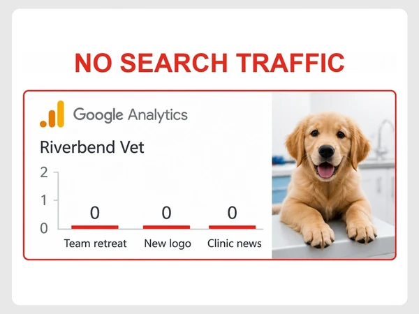 Riverbend Vet Google Analytics chart shows Team retreat, New logo, and Clinic news at zero search traffic.