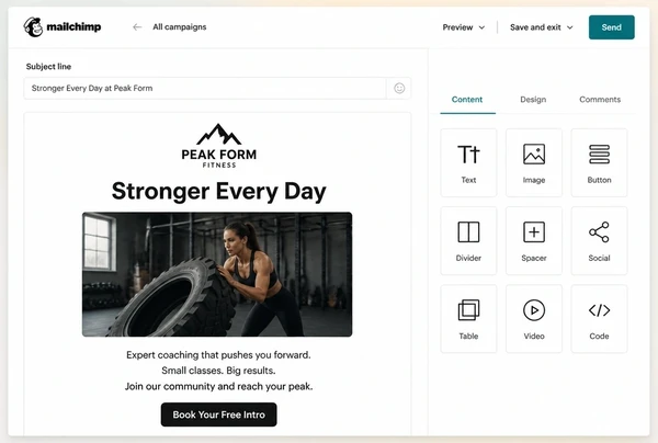 A boutique gym newsletter being built in Mailchimp with a headline, photograph and button